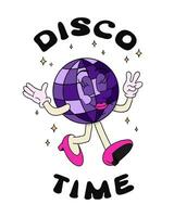 Female retro disco ball character with hand drawn lettering. Slogan Disco Time. Vintage composition with groovy style lettering and funny hand drawn old cartoon character. Ideal for printout, poster vector