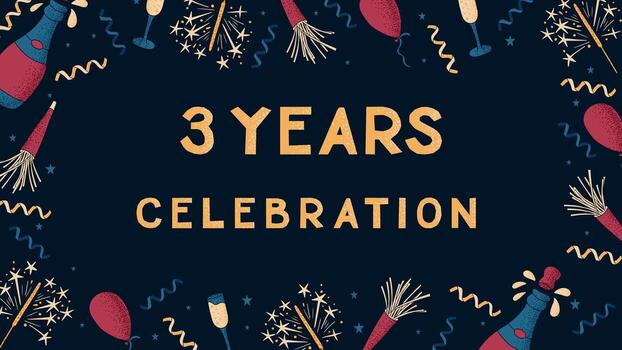 Greeting vector banner. Text 3 Years celebration. Dark theme. Template of print design with celebrating elements with dotted texture on dark background. Flat composition for anniversary