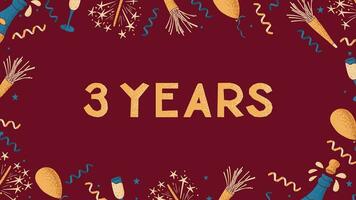 Flat vector banner or frame and text 3 Years. Template of print design with celebrating elements with dotted texture on dark red background. Flat composition for anniversary, birthday or wedding