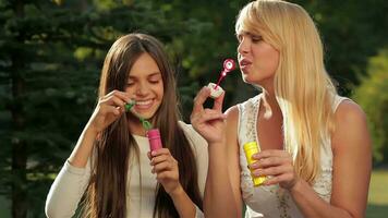 A mother and her teenage daughter blowing bubbles video