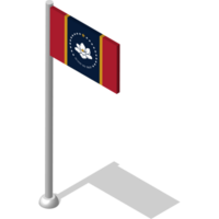 Isometric flag of american state of Mississippi in static position on flagpole. National banner of country in static, even position. PNG image on transparent background