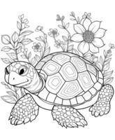 turtle with flower coloring page vector