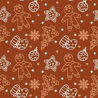 Christmas gingerbread man cookies and other traditional attributes. Seamless pattern on brown background. Vector. vector