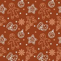 Christmas gingerbread man cookies and other traditional attributes. Seamless pattern on brown background. Vector. vector