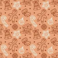 Christmas gingerbread man cookies and other traditional attributes. Seamless pattern on brown background. Vector