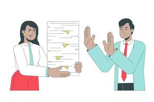 No to unreasonable workload line cartoon flat illustration. Gen z employee refusing overwork from disappointed manager 2D lineart characters isolated on white background. Say no vector color image