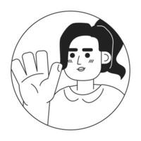 Ponytail caucasian woman saying hi hello black and white 2D vector avatar illustration. Goodbye happy young adult outline cartoon character face isolated. Non verbal acknowledge flat portrait