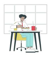 Eating healthy lunch at work line cartoon flat illustration. Latino millennial employee on break 2D lineart character isolated on white background. Boost job productivity scene vector color image