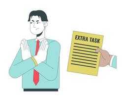 Rejecting extra task 2D linear illustration concept. Asian gen z employee refuses assignment from boss cartoon characters isolated on white. No enthusiasm metaphor abstract flat vector outline graphic