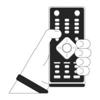 Push button remote control cartoon human hand outline illustration. Program change equipment 2D isolated black and white vector image. Holding tv remote controller flat monochromatic drawing clip art