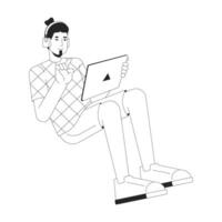 Headphones caucasian man holding tablet black and white 2D line cartoon character. Tablet playing bearded guy isolated vector outline person. Leisure adult monochromatic flat spot illustration