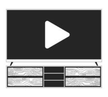 Tv on console table black and white 2D line cartoon object. Television standing on media storage cabinet isolated vector outline item. Watching streaming platform monochromatic flat spot illustration