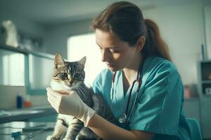 ai generado joven hembra veterinario en médico azul uniforme examina un a rayas gris gato en veterinario clínica cuidado y amor mascotas foto