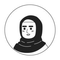 musulmán hijab mujer relajado sonriente negro y blanco 2d vector avatar ilustración. posando árabe tocado hembra contorno dibujos animados personaje cara aislado. positivo casual disparo a la cabeza retrato plano retrato