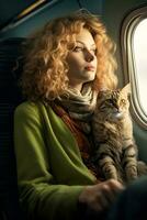 ai generated young attractive curly woman in a green sweater sitting with a tabby cat on an airplane seat looking out the window traveling with a pet concept Care and love photo
