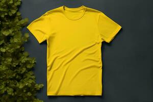 ai generated simple basic unisex t-shirt in yellow on gray background next to plants mockup friendly copy space design photo