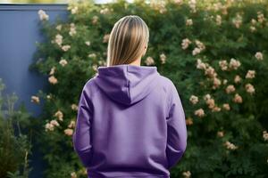 ai generated rear view of Young blonde woman in purple violet hoodie on green plants botanical background copy space mockup friendly sweatshirt photo