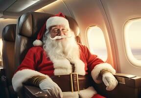 AI Generated Santa Claus sitting in an airplane chair Flying for the Christmas holidays photo