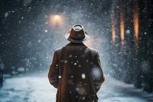 ai generado hombre en sombrero y Saco desde espalda camina solo en calle noche en invierno nieve tormenta de nieve foto