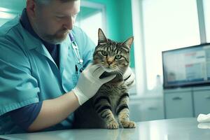 ai generado masculino veterinario en azul uniforme y médico guantes examina atigrado a rayas gato en veterinario clínica cuidado y amor mascotas foto