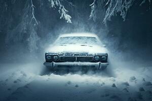 ai generado retro azul coche en pie en ventisqueros en un nieve tormenta en contra bosque invierno clima foto