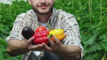 chico demuestra el orgánico vegetales directamente a el cámara video