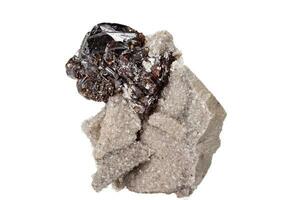Macro of mineral Sphalerite stone on microcline on white background photo