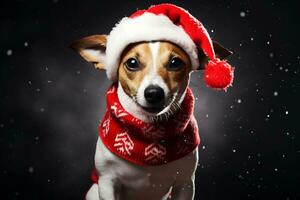 ai generated happy cute Jack Russell Terrier dog in Santa Claus hat and red snood on dark snowy Christmas background New Year's greeting card Holiday themed photo