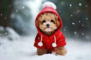 ai generated Cute red toy poodle puppy dressed in red warm suit walking in snowy winter forest Greeting card New Year holidays background pet love and care photo