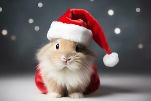 ai generado linda rojo conejito Conejo en Papa Noel claus sombrero en gris antecedentes con bokeh luces Navidad antecedentes saludo tarjeta nuevo año Días festivos foto