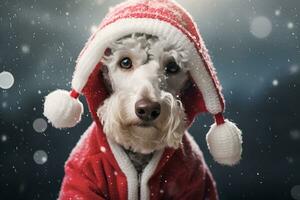 ai generado gris perro Bedlington terrier lebrel en rojo Navidad sombrero y chaqueta cerca en Nevado antecedentes saludo tarjeta nuevo año Días festivos foto