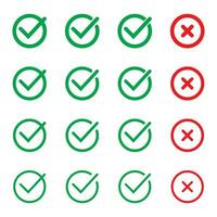 Green tick and red cross checkmarks in circle flat icons. Yes or no line symbol, approved or rejected icon for user interface. vector