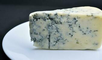 A piece of cheese with blue mold on a white plate. Delicious cheese. photo