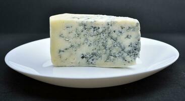 A piece of cheese with blue mold on a white plate. Delicious cheese. photo