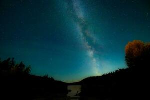 the milky way over the lake in the background photo