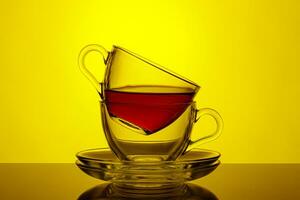hermosa dos tazas con té en un amarillo antecedentes foto