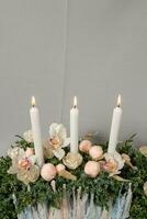 Christmas composition of flowers and Christmas decorations photo