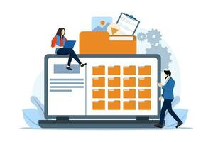 File management concept, Data storage, Folders, documents and media content, Business team looking for files on smart phone or laptop, Modern flat cartoon style, Vector illustration on background.