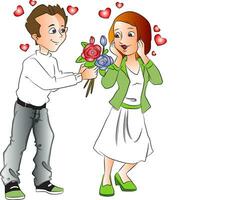 Vector of man with bouquet propses a girl.