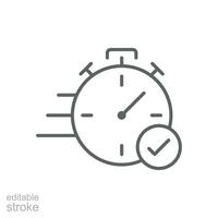 Quick approval icon. Simple outline style. Stopwatch, quick transfer, fast transaction, business concept. Thin line symbol. Vector illustration isolated on white background. Editable stroke.