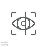 Eye scan icon. Simple outline style. Visual identity, focus, view, vision, future tech, eye with scanning frame, technology concept. Thin line symbol. Vector illustration isolated. Editable stroke.