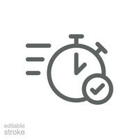 Quick approval icon. Simple outline style. Stopwatch, quick transfer, fast transaction, business concept. Thin line symbol. Vector illustration isolated on white background. Editable stroke.