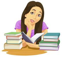 a girl is sitting at a table with books and a book vector