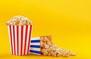 Glass with popcorn on a yellow background photo