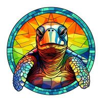 un ver de un Tortuga en un circulo forma de vistoso manchado vaso diseño foto