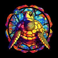 A View of a Turtle in a circle shape of colorful Stained Glass Design photo