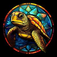 A View of a Turtle in a circle shape of colorful Stained Glass Design photo