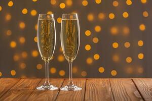 Glasses with champagne on a wooden background against a bokeh background of lights photo