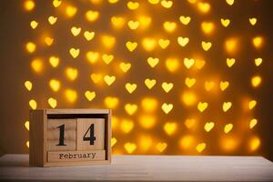 wooden calendar February 14 on a blurred background of hearts photo