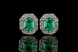 beautiful gold earrings with precious stones diamonds and emeralds on a black background photo